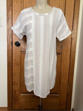 Altar'd State Small Cream/Neutral Mixed Stripe Shift Dress Rolled Short Sleeves